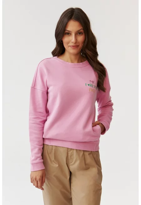 Суитшърт с овално деколте и надписи - Пастелнорозов