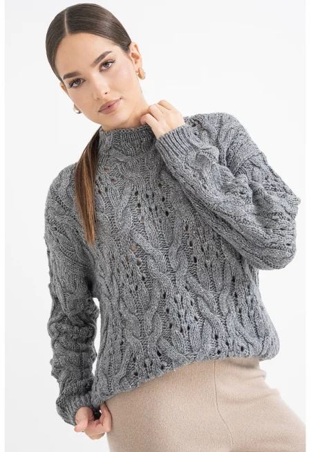 Свободен плетен пуловер с перфорации - Златист/Tъмносив