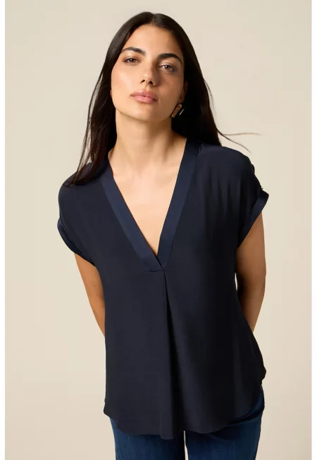 Свободна блуза с къси ръкави - Тъмносин -