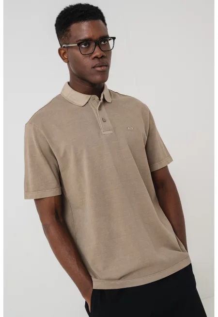 Тениска с яка и лого - Сиво-кафяв