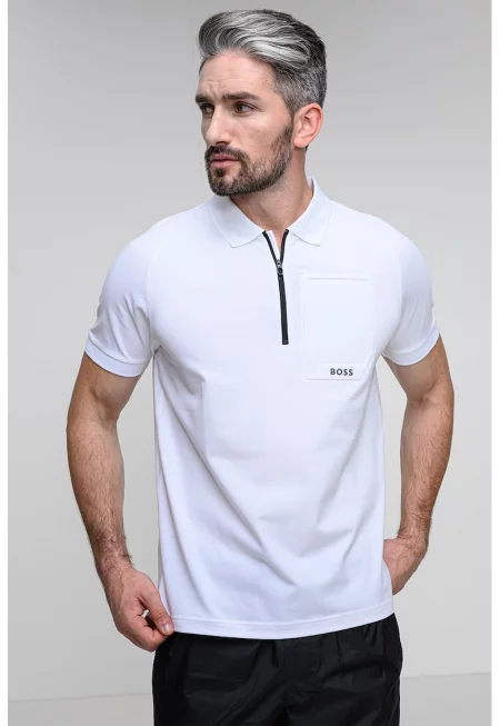 Тениска с яка и цип - Бял