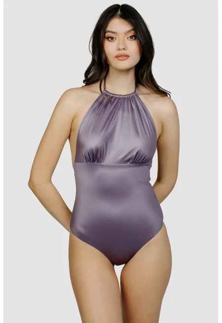Цял бански с халтер деколте - Лилав