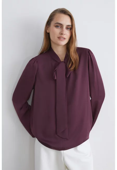 Уголемена блуза с панделка - Тъмновиолетов