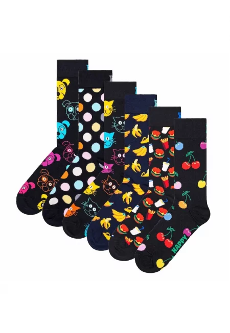 Унисекс дълги чорапи с десен - 6 чифта - Черен/Жълт/Син