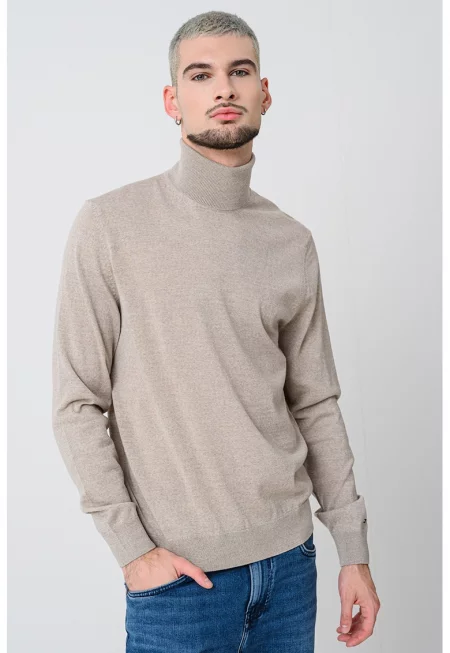 Вълен пуловер тип поло - Бежов меланж