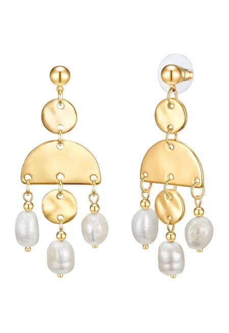 Висящи обеци със сладководни перли - Златист/Жълт