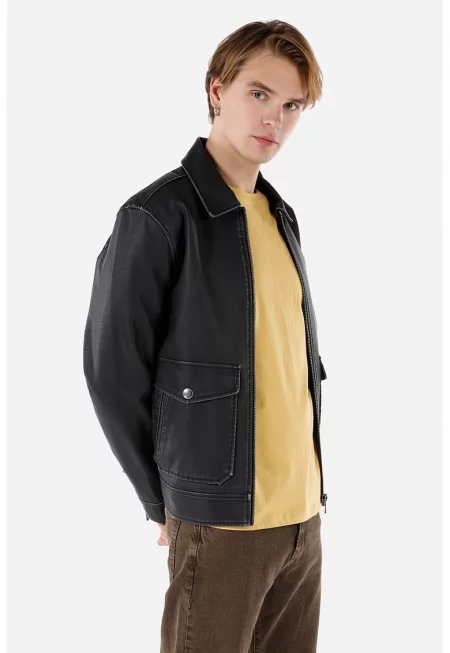 Яке слим от еко кожа с джобове - Избеляло черно