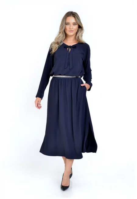 888138007-Дамска блуза с панделка - тъмносиня