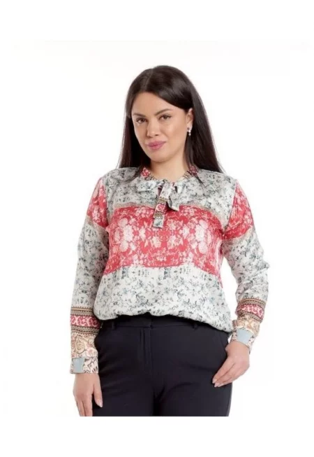 888142603-Дамска сатенена блуза с панделка - Сива с Червено и щампа