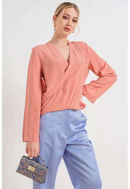 Асиметрична блуза със застъпено деколте - Прашно розово
