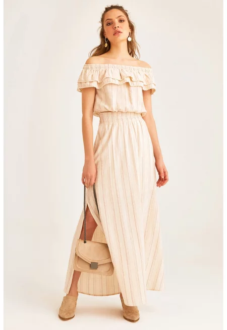 Дълга памучна пола с цепка - Бежов