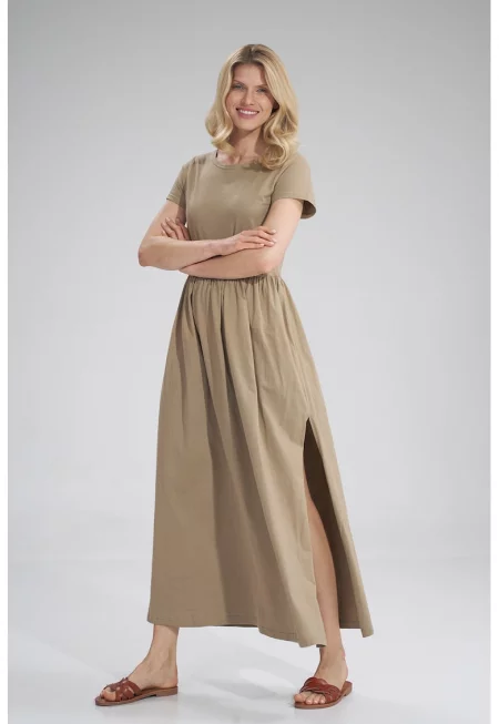 Дълга рокля  бежова - с цепка - памук