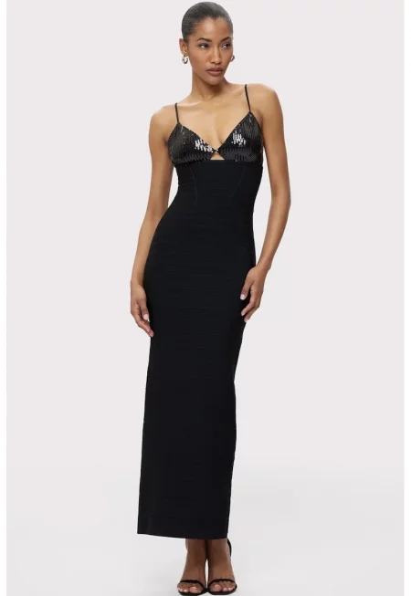 Дълга рокля - плътно прилепнала - с презрамки и апликации от пайети - Черен