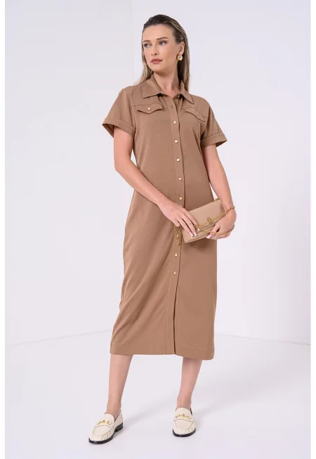 Дълга рокля с копчета - Светлокафяв