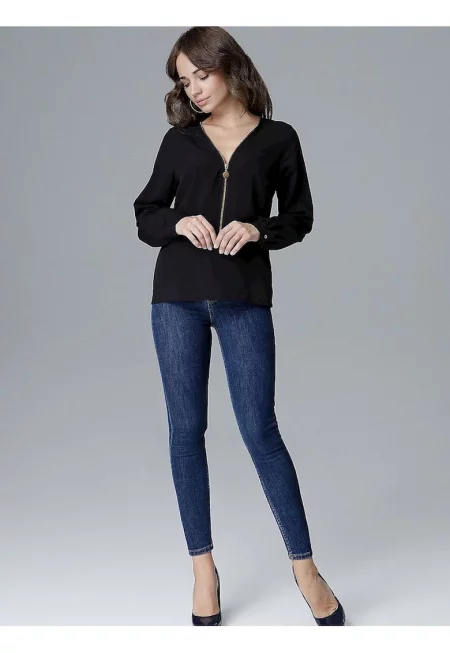 Дамска блуза - Ленитиф - с цип - черна - ЛИКРА - полиестер