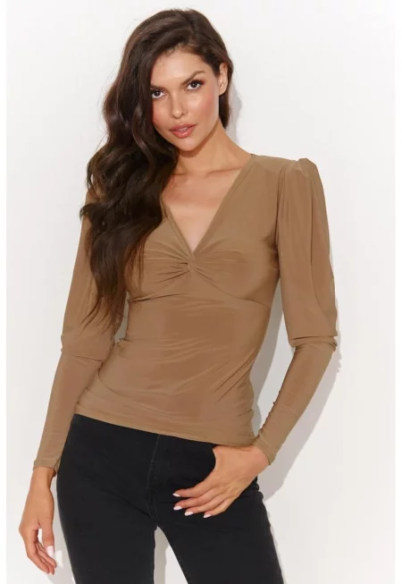Дамска блуза с V-образно деколте и усукан детайл