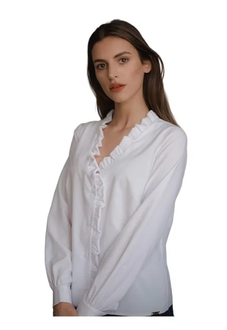 Дамска риза - Ленитиф - бяла - V-образно деколте - дълги ръкави - полиестер -