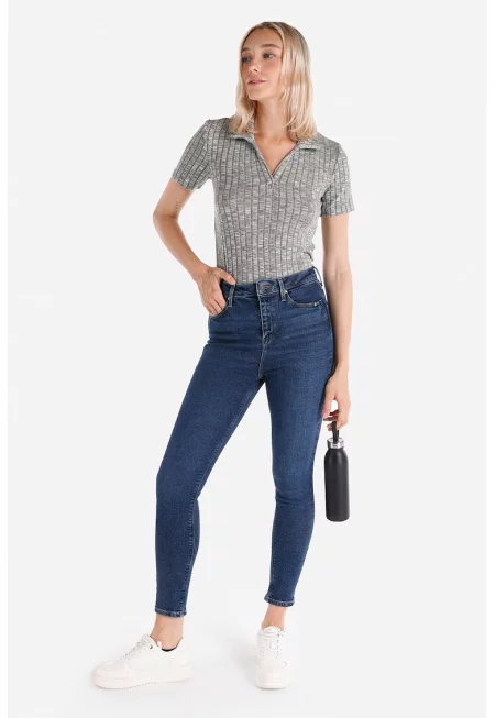 Дънки над глезена с висока талия - Тъмносин