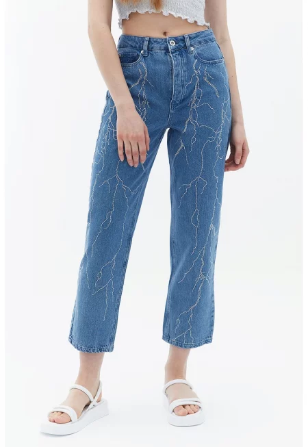 Дънки с висока талия - Син/Сребрист