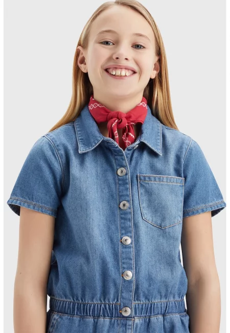 Дънков къс гащеризон със захабен ефект - Син