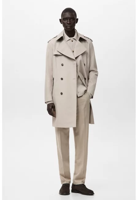 Двуреден тренч с колан - Светло бежово