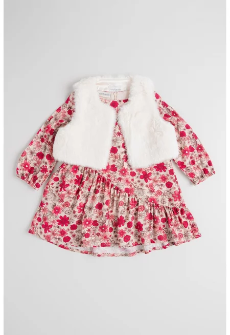 Флорална рокля и елек от еко пух - 2 части - Бял/Слонова кост/Фуксия