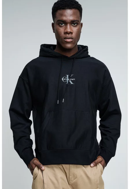 Худи с памук с джоб кенгуру - Черен