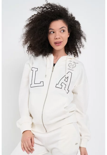 Худи с цип и надписи - Черен/Мръснобял