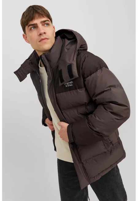 Капитонирано зимно яке с качулка - Тъмнокафяв