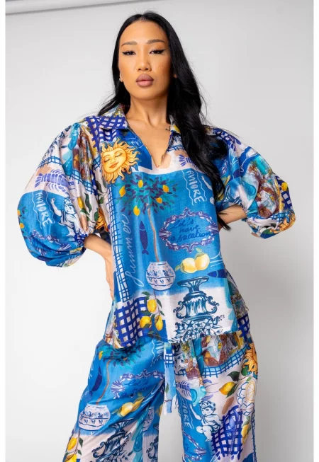 Капри комплект - блуза и дълъг панталон - лимонена щампа 15973 - Син