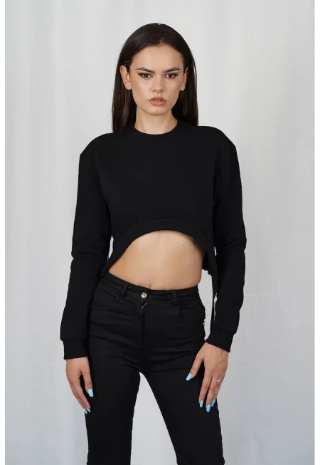 Къс суитшърт - с дълъг ръкав и изрязана талия - Черен