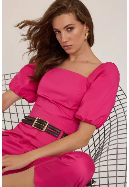 Къса блуза с бухнали ръкави - Розово