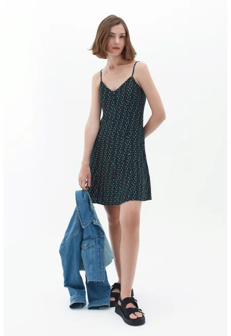 Къса флорална рокля - Черен/Тюркоаз