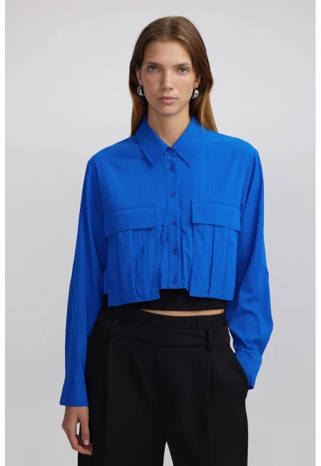 Къса памучна риза - Черен/Кралско Синьо