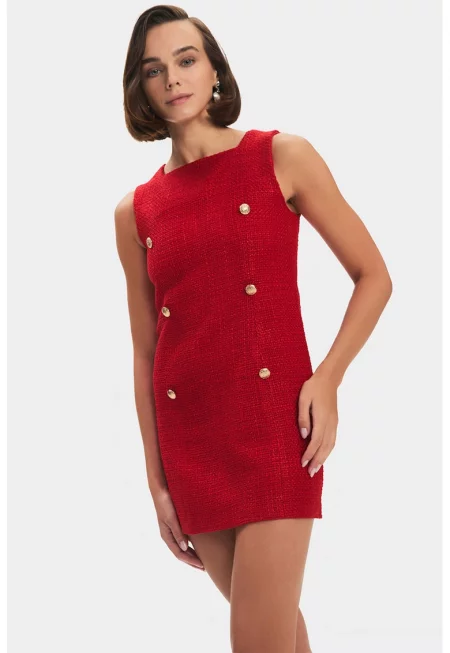 Къса рокля от туид с копчета - Червен