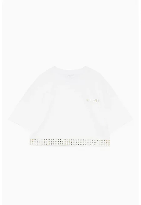 Къса тениска с детайли тип микро огледала - приложени в три реда - Бял