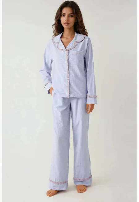 Комплект пижама за дами  дълга - памук/полиестер - яка - кариран модел - син