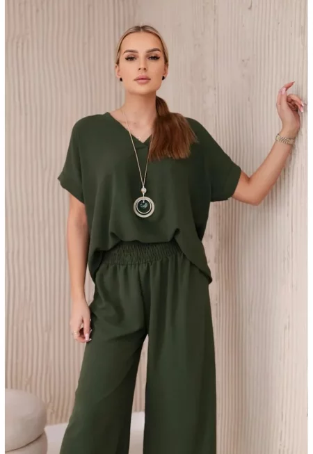 Комплект свободна блуза с колие и панталони - Един размер