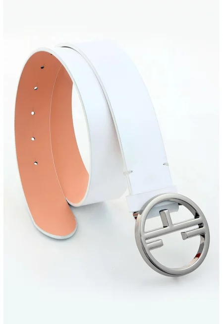 Кожен колан с лого - Бял