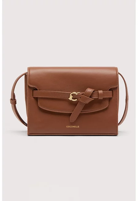 Кожена чанта през рамо с декоративна презрамка - Канелено кафяво