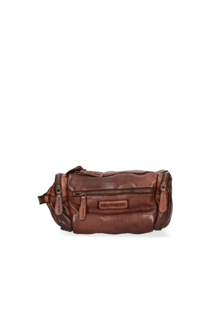 Кожена чанта с джобове с цип - Тъмнокафяв