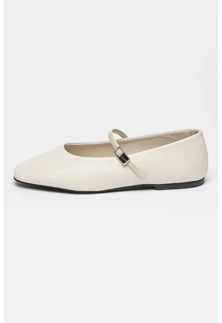 Кожени пантофки с каишка с тока - Крем