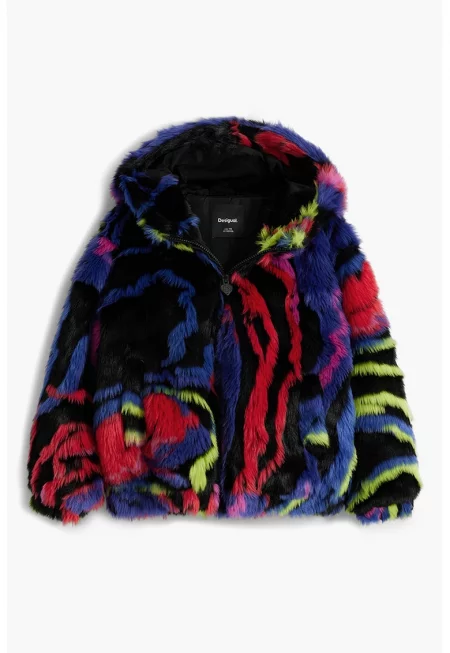 Мъхесто яке с качулка - Червен/Черен/Син