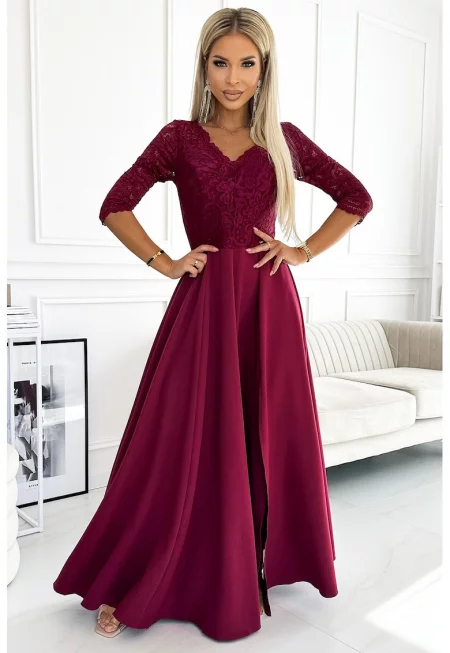 Макси рокля с цепка на крачола и V-образно деколте - - Тъмночервен