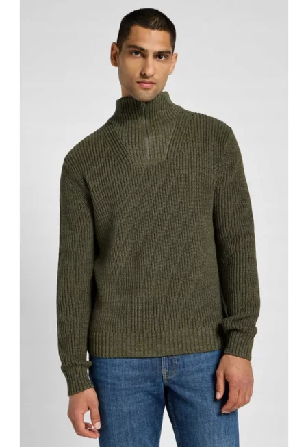 Мъжки пуловер -  Half Zip - вдигната яка - зелен - 50% вълна - стандартна кройка -