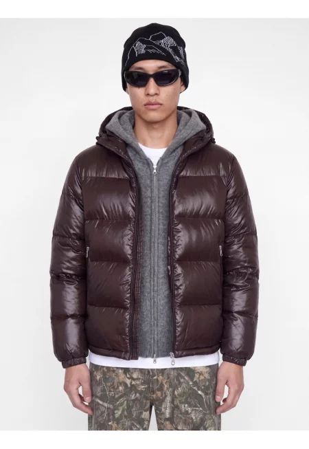 Мъжко яке - PUFFER - с фиксирана регулируема качулка с връзки - Regular fit - SHINY - Тъмнокафяв