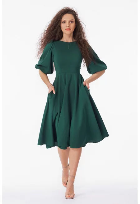 Миди рокля с бухнали ръкави - Тъмнозелен
