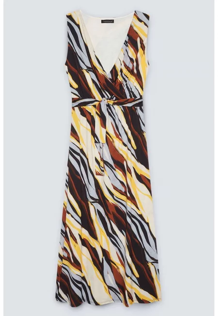 Миди рокля с графична шарка - Кафяв/Жълт/Прашно синьо