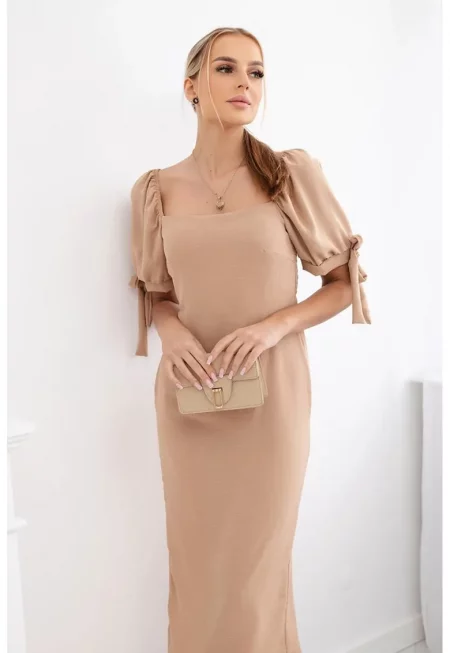 Миди рокля с връзки на ръкавите -