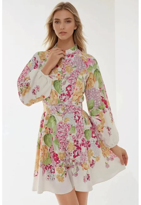 Мини рокля -  щампа - колан - многоцветна - тънка материя